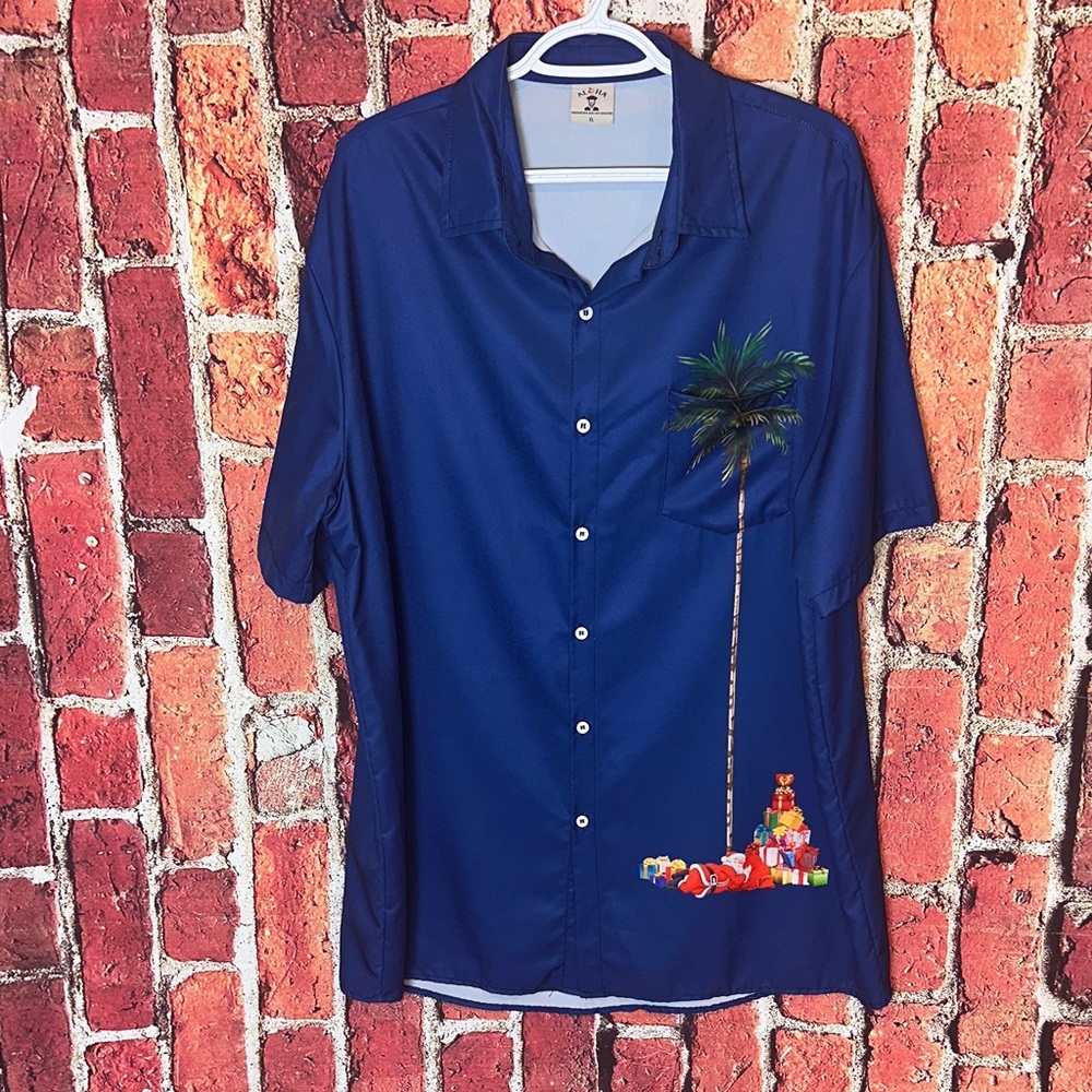 Aloha XL Navy Men’s  Christmas Print Hawaiian Style Button Down Shirt